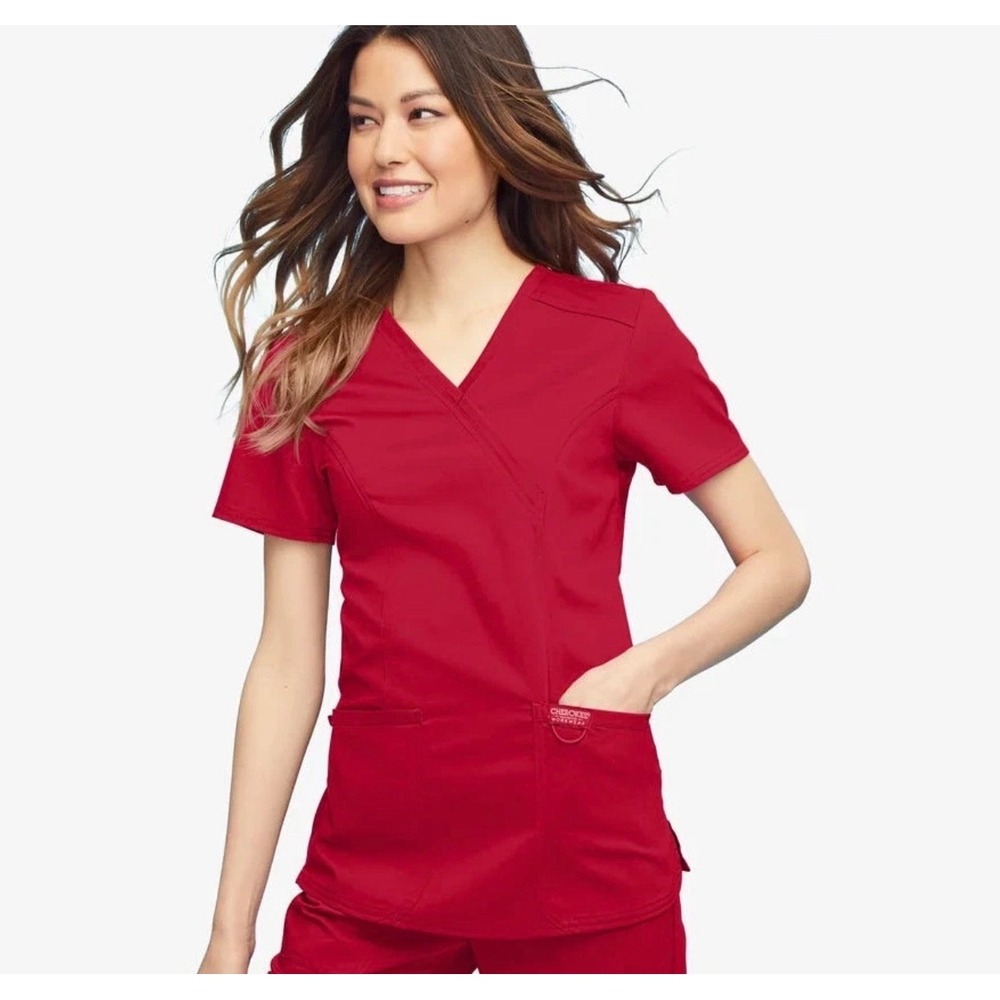 Cherokee Workwear Revolution Red Mock Wrap Scrub Top WW610‎ Womens XS New